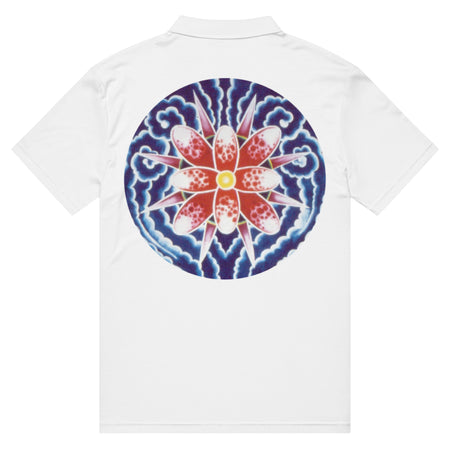 a white polo shirt with the Bardo Kid logo on the front upper right chest and a psychedelic flower design in reds, blues, and oranges on the back.