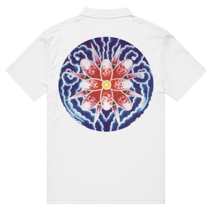 a white polo shirt with the Bardo Kid logo on the front upper right chest and a psychedelic flower design in reds, blues, and oranges on the back.