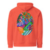 orange hoodie with an oval shape on the back containing a multicolored psychedelic, geometric design