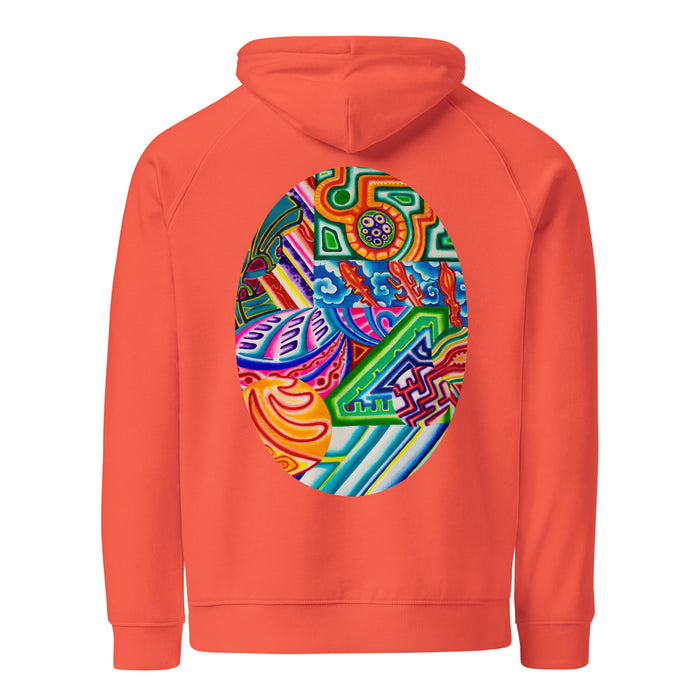 orange hoodie with an oval shape on the back containing a multicolored psychedelic, geometric design