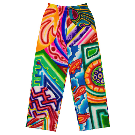 soft track pants with all over geometric abstract, psychedelic colorful designs.