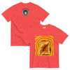 Red t-shirt with a graphic design of a psychedelic grilled cheese on the front and 'Bardo Kid' logo on the back.