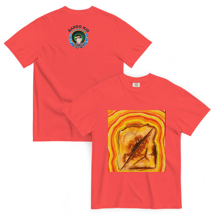Red t-shirt with a graphic design of a psychedelic grilled cheese on the front and 'Bardo Kid' logo on the back.