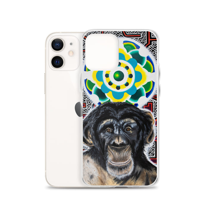 plastic phone case with face of chimp with a psychedelic background