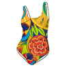 original art one piece womens swimsuit with a multicolored all over psychedelic print of geometric shapes