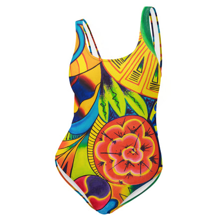 original art one piece womens swimsuit with a multicolored all over psychedelic print of geometric shapes