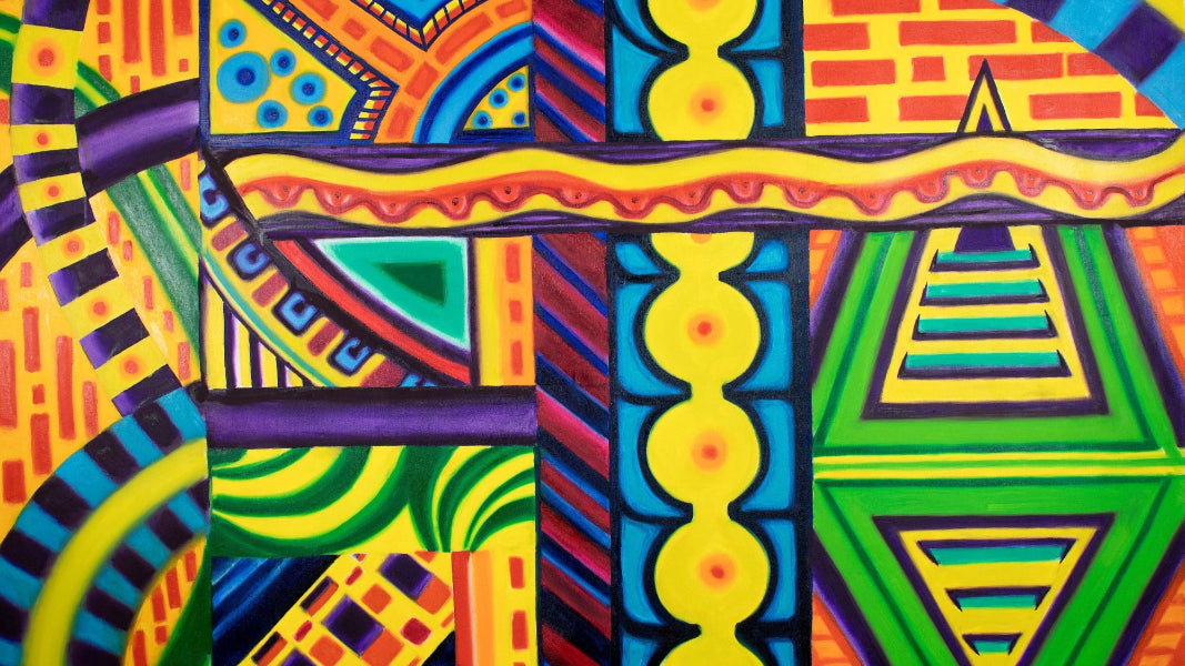 bright multicolored, psychedelic oil painting featuring geometric shapes and a visionary vibe