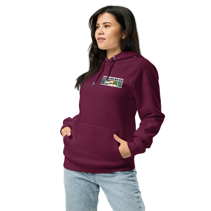 Woman wearing a maroon hoodie with a bardo kid logo on a white background