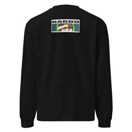 black long sleeve t with a realistic tomato radiating bands of reds, oranges, and yellows