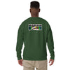 A man viewed from the back wearing a dark green crewneck sweatshirt with a rectangular graphic on the upper back that reads 'BARDO' above a multicolor design, paired with khaki pants, against a plain white background.