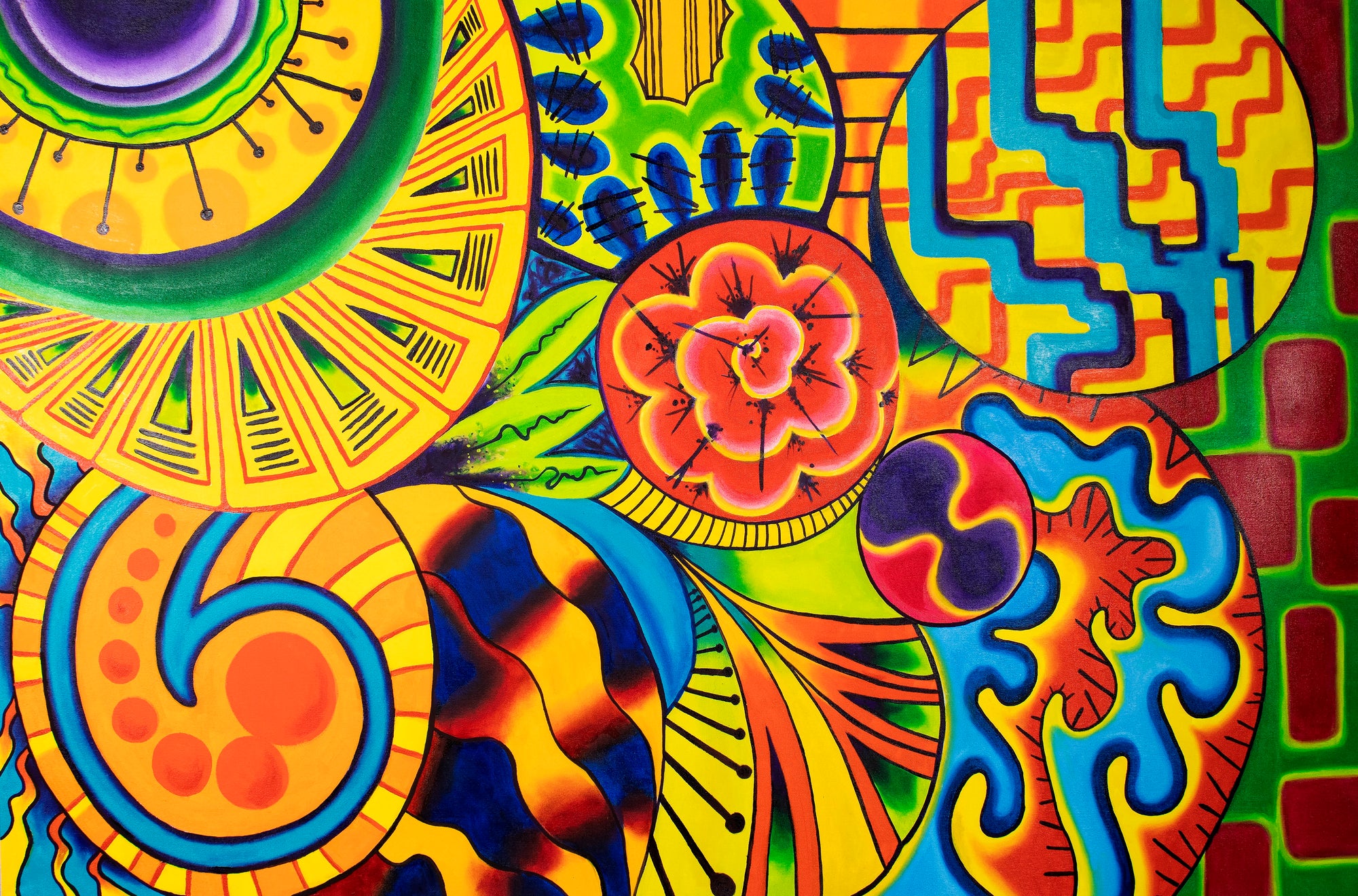 vibrant abstract painting with multicolored geometric shapes and splatters in a graffiti  themed psychedelic style