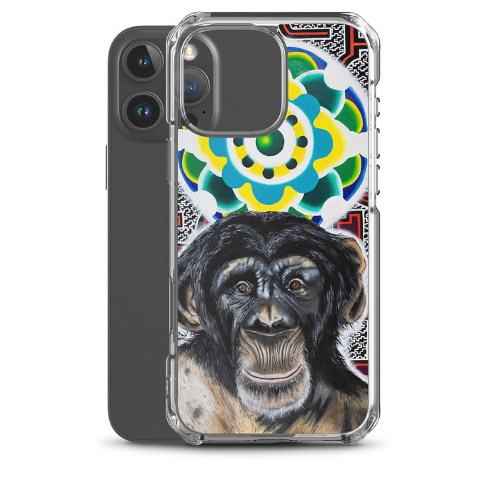 plastic phone case with face of chimp with a psychedelic background