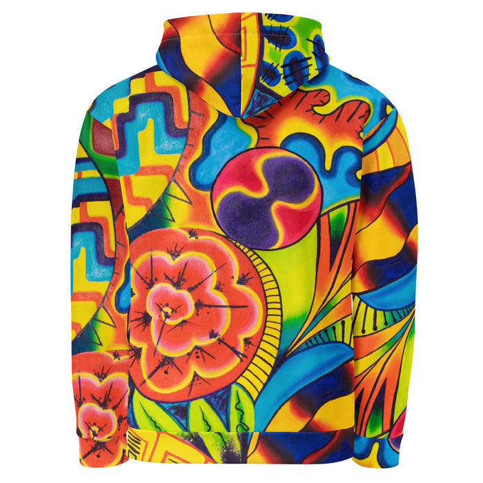 original multi colored psychedelic all over print hoodie in a painterly style