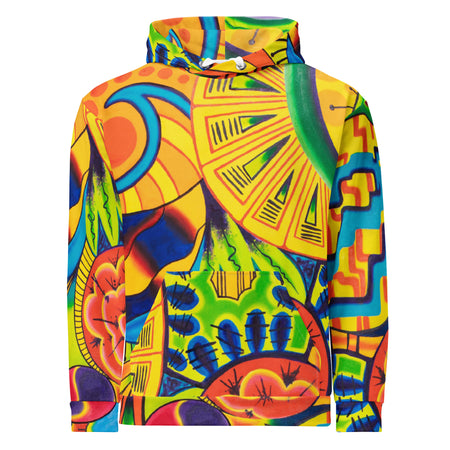 original multi colored psychedelic all over print hoodie in a painterly style