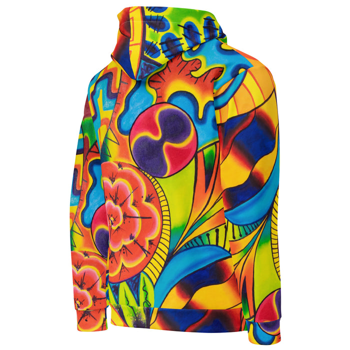 original multi colored psychedelic all over print hoodie in a painterly style