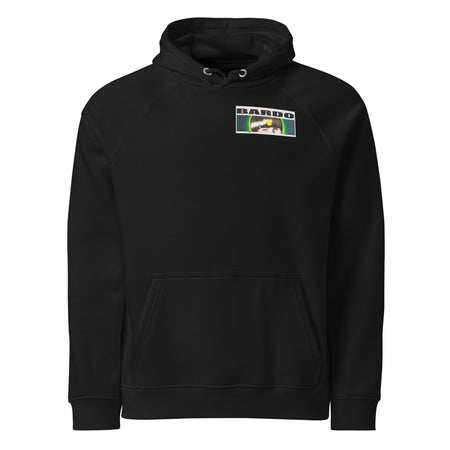 black hoodie with a colorful psychedelic print on the bak made of geometric gestural shapes contained in an oval outline