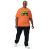 man wearing a orange t-shirt with a very bright geometric colored abstract piece of art contained within a rectangle, with the word pulse in bold black print hovering in front of it.