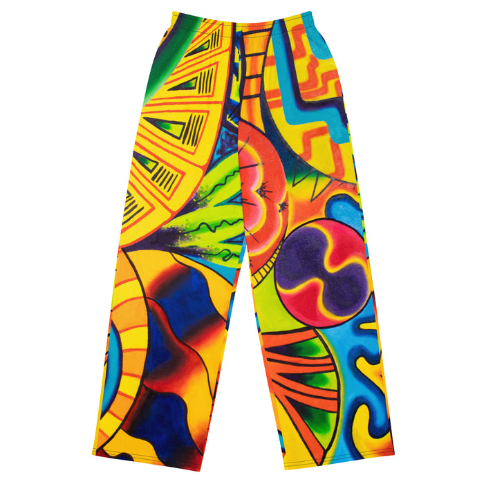 soft, comfy lounging pants with all over psychedelic multicolored geometric designs
