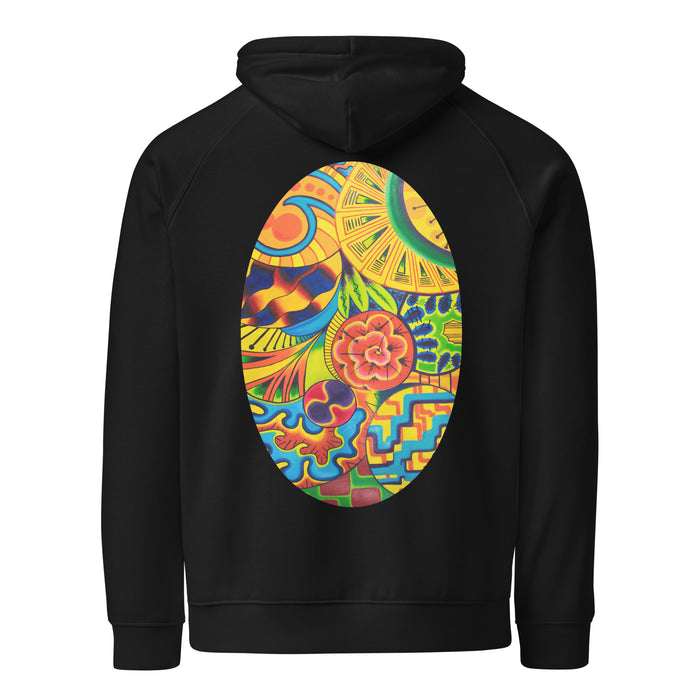 black hoodie with a colorful psychedelic print on the bak made of geometric gestural shapes contained in an oval outline