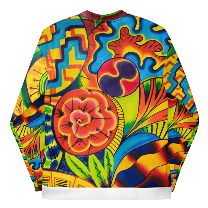 a zip up bomber jacket featuring a multi-color all over psychedelic print of geometric shapes