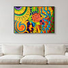 A colorful abstract wall art print with bright yellow, green, blue, orange, and red patterns, displayed above a white sofa in a living room setting.