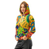woman wearing an original multi colored psychedelic all over print hoodie in a painterly style