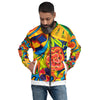 Man wearing a colorful jacket with abstract patterns on a white background
