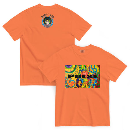 an orange t-shirt with a very bright geometric colored abstract piece of art contained within a rectangle, with the word pulse in bold black print hovering in front of it.