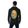 Person wearing a black hoodie with a colorful floral design on the back against a white background