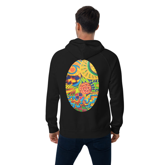 Person wearing a black hoodie with a colorful floral design on the back against a white background