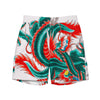 recycled swim trunks with a pattern of a dark green dragon tied up in knots 
