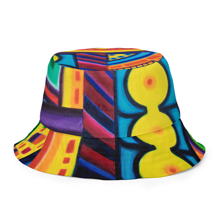 multicolored reversible bucket hat with abstract psychedelic artwork