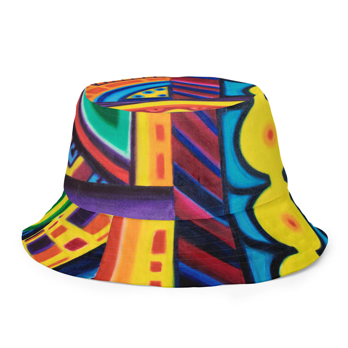multicolored reversible bucket hat with abstract psychedelic artwork