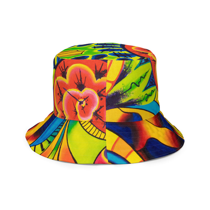 multicolored reversible bucket hat with abstract psychedelic artwork