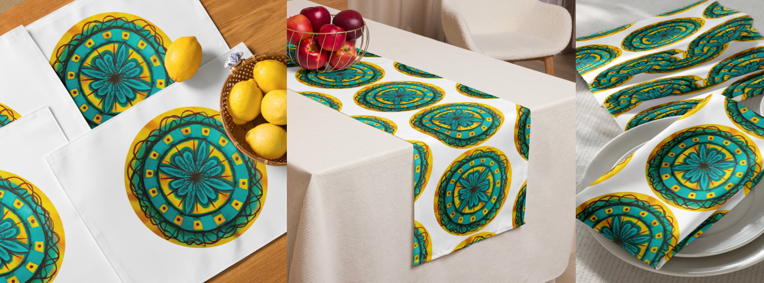 Table setting with decorative napkins, placemats, and table runner featuring turquoise and yellow floral, abstract circular patterns.