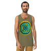 a greenish brown tank top with original artwork in an aboriginal style of a turquoise, red and yellow gestural , circular mandala.