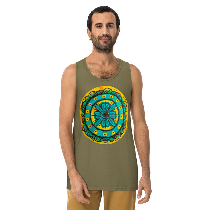 a greenish brown tank top with original artwork in an aboriginal style of a turquoise, red and yellow gestural , circular mandala.