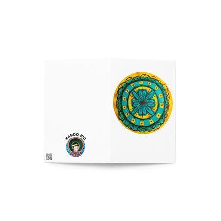 custom greeting card with an abstract circular design in turquoises and yellows