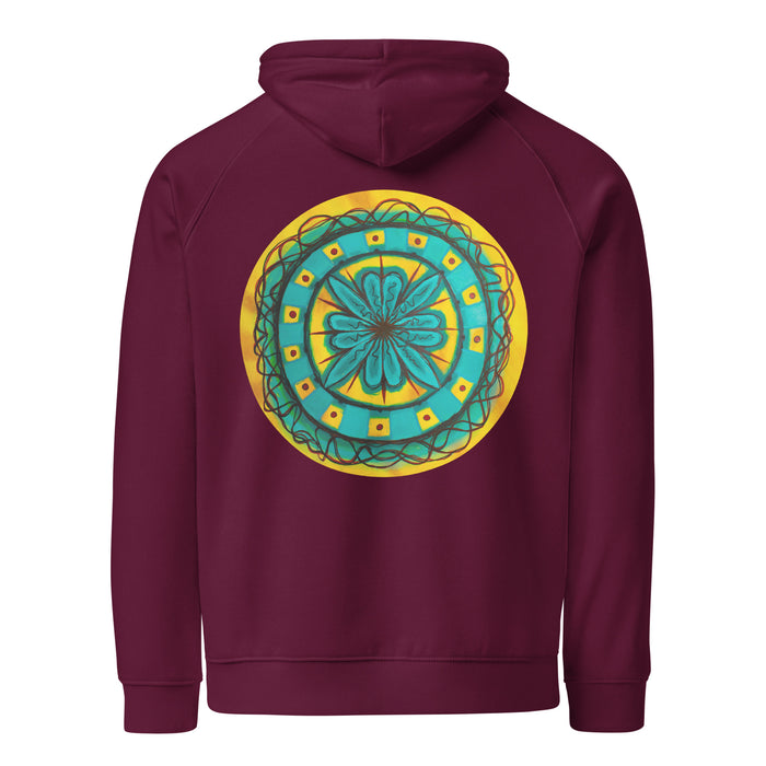 maroon hoodie with a circular mandala design on back on turquoises and yellows