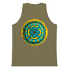 a greenish brown tank top with original artwork in an aboriginal style of a turquoise, red and yellow gestural , circular mandala.