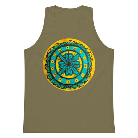 a greenish brown tank top with original artwork in an aboriginal style of a turquoise, red and yellow gestural , circular mandala.