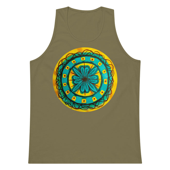 a greenish brown tank top with original artwork in an aboriginal style of a turquoise, red and yellow gestural , circular mandala.