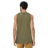 a greenish brown tank top with original artwork in an aboriginal style of a turquoise, red and yellow ,gestural , circular mandala with the bardo kid logo on back