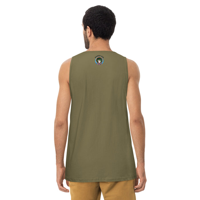 a greenish brown tank top with original artwork in an aboriginal style of a turquoise, red and yellow ,gestural , circular mandala with the bardo kid logo on back