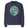 long sleeve navy blue t-shirt with a circular design of squiggly blue, green, and yellow circular designs