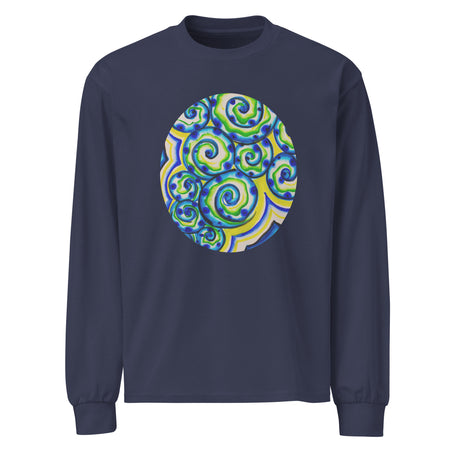 long sleeve navy blue t-shirt with a circular design of squiggly blue, green, and yellow circular designs