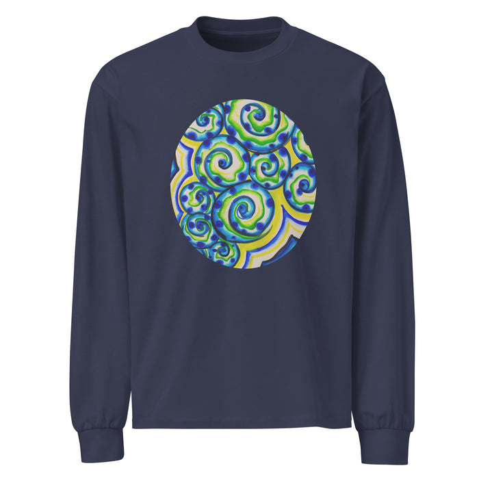 long sleeve navy blue t-shirt with a circular design of squiggly blue, green, and yellow circular designs