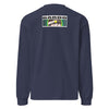 long sleeve navy blue t-shirt with a circular design of squiggly blue, green, and yellow circular designs