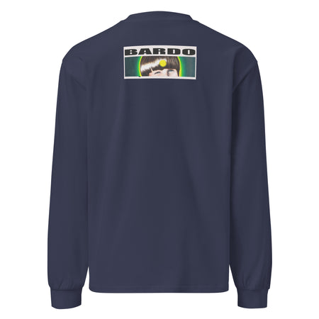long sleeve navy blue t-shirt with a circular design of squiggly blue, green, and yellow circular designs