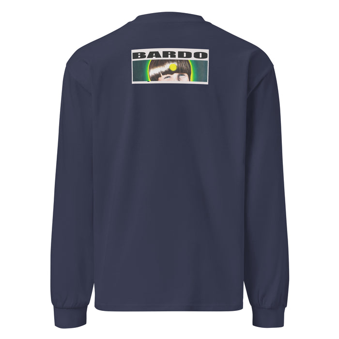 long sleeve navy blue t-shirt with a circular design of squiggly blue, green, and yellow circular designs